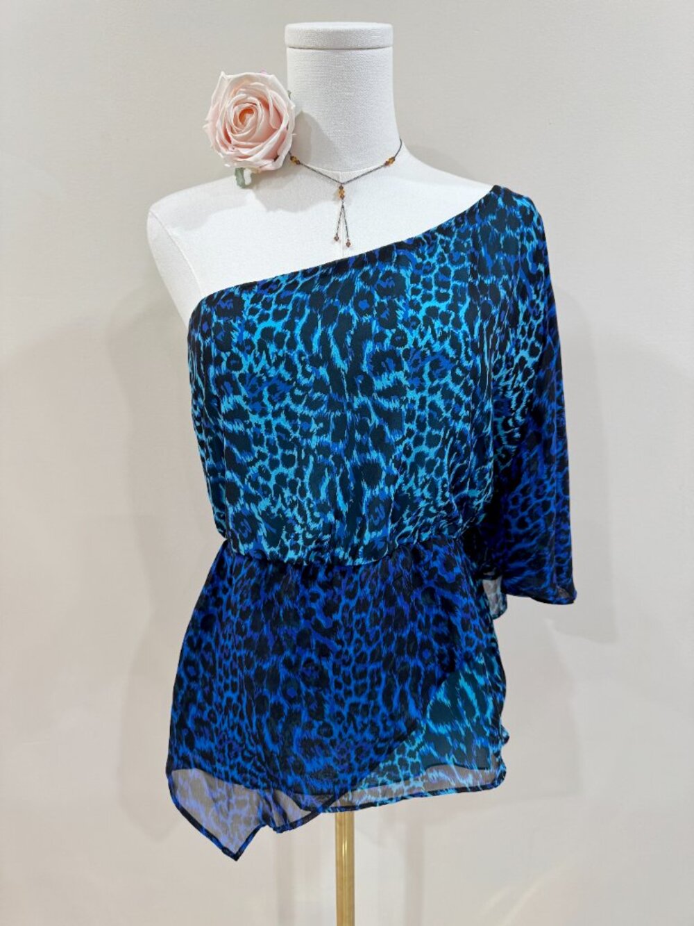 Rampage Y2K Style Blue Leopard One Shoulder Chiffon Blouse Whimsy Romantic Top